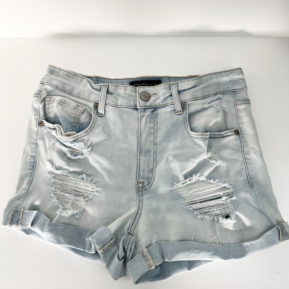 Aeropostale High Rise Midi Cuffed Denim Jean distressed Shorts 10